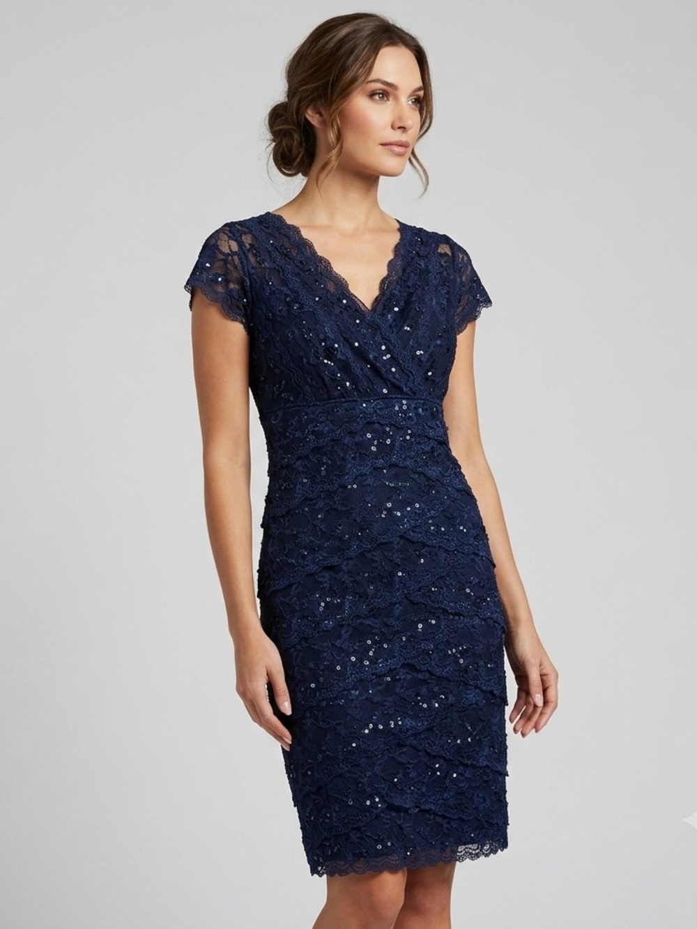 MARINA Navy Lace Sequin Sheath Dress